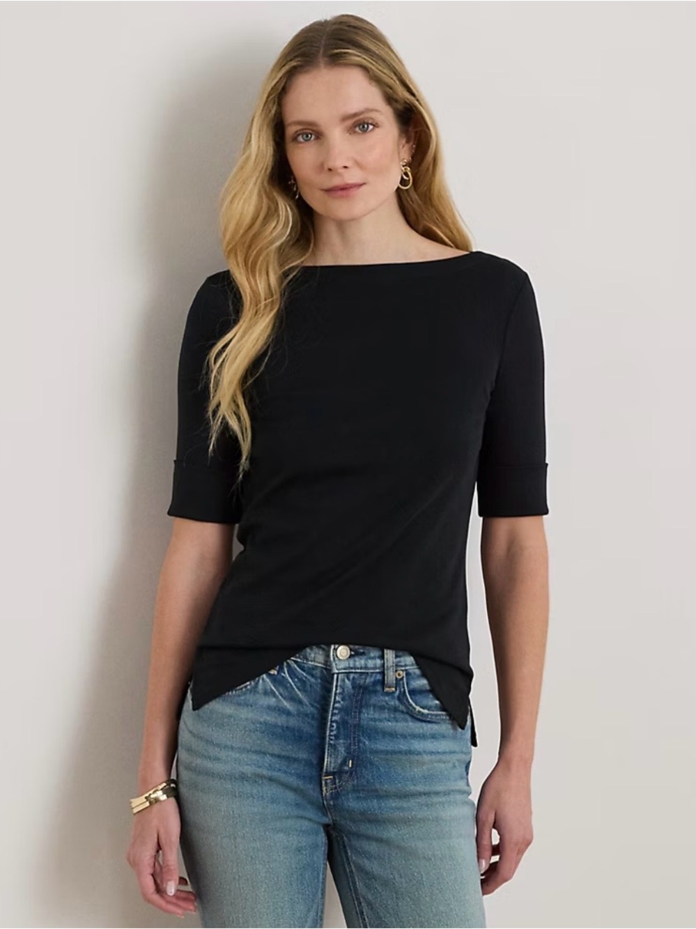 Boatneck Elbow-Sleeve Sweater in Black